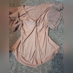 Casual Dusty Rose Top With Flutter Sleeves With Polka Dot Accents